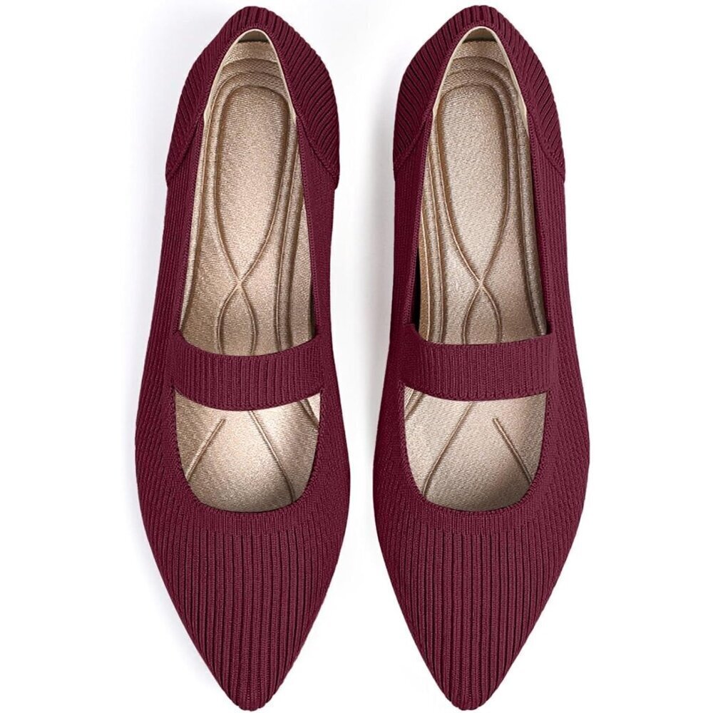 🆕Tingrise Flat Shoes Women Red Knit Toe Ballet Comfortable Dressy Mary Shoes